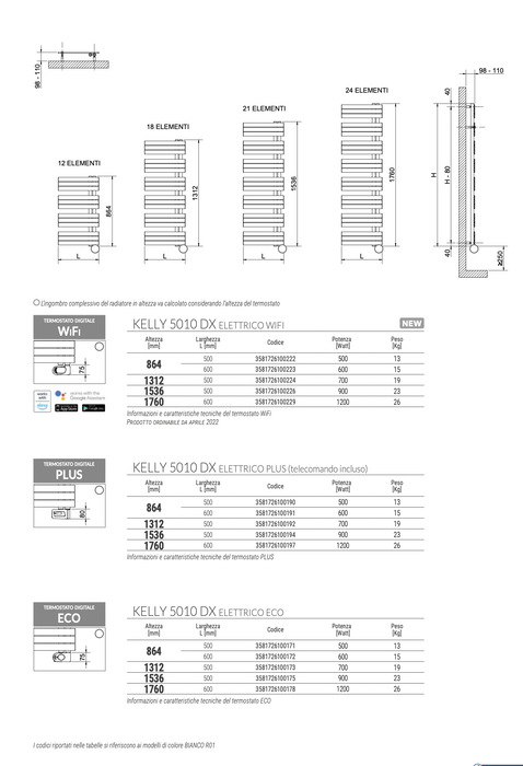 Termoarredo design bagno colorato KELLY 5010 ELETTRICO ECO CORDIVARI altezza 1300