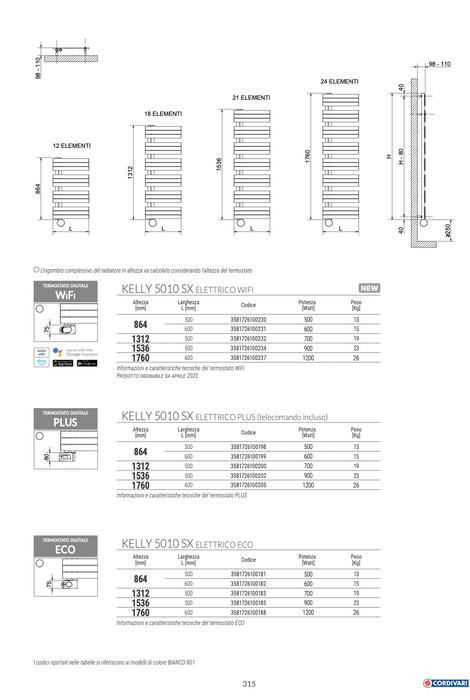 Termoarredo design bagno colorato KELLY 5010 ELETTRICO ECO CORDIVARI altezza 1300