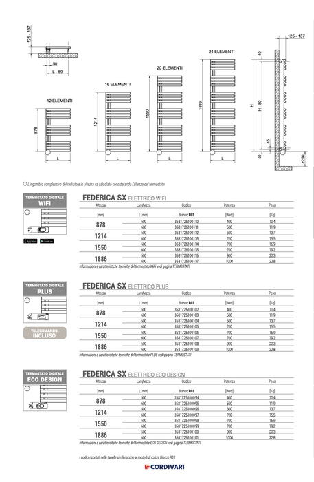 Scaldasalviette elettrico Wi-Fi Cordivari FEDERICA in acciaio, con presa a destra design moderno con tubi da 38 mm e controllo smart da app.
