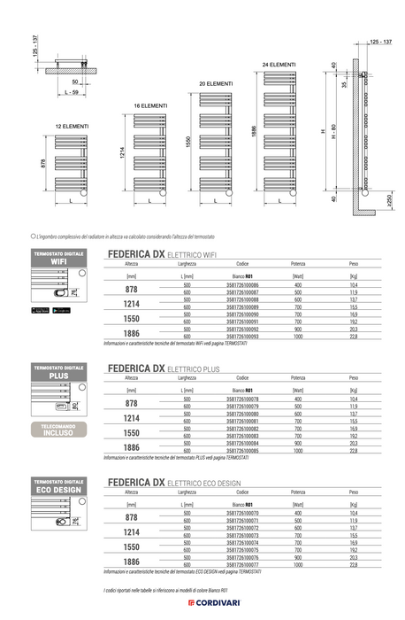 Scaldasalviette elettrico Wi-Fi Cordivari FEDERICA in acciaio, con presa a sinistra design moderno con tubi da 38 mm e controllo smart da app.