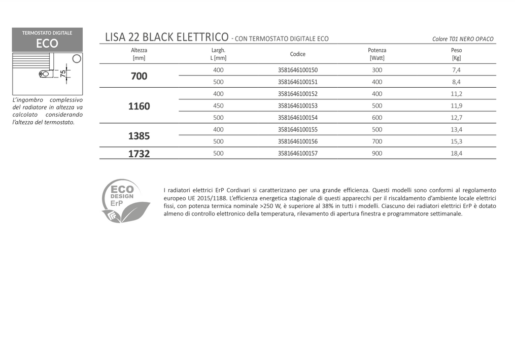 Scaldasalviette Termoarredo elettrico Lisa 22 Nero Opaco CORDIVARI