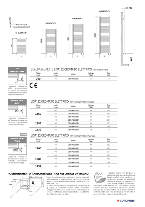 Termoarredo design bagno elettrico LISA 22 CROMATO ECO CORDIVARI